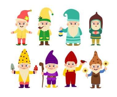 Elinde sopa, mantar, kürek, ayçiçeği ve şapkalı sevimli cüceler olan şirin çocuk cüce karakter çizgi filmi. Leprikon ve cüce komik, peri maskot. Komik sakallı bahçe