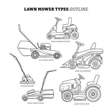 Bahçe işleri, düz vektör illüstrasyonu, arka motor biçme makinesi, çim biçme makinesi, çim biçme makinesi, çim biçme makinası, çim biçme makinesine binme, arkadan çekişli çim biçme aracı,.