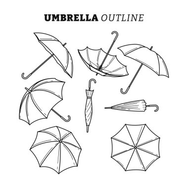 Şemsiye taslak koleksiyonu farklı bakış açısı, çizgi sanat tarzı, ön, arka ve yan görünüm, açık şemsiye ve farklı açılarda katlanmış. Markalaşma için.