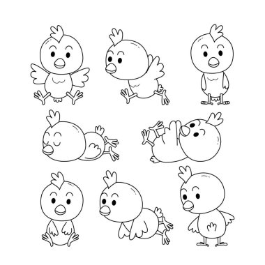 Tavuk karalama koleksiyonu, flamingo taslak boyama sayfası anaokulu için hayvanlar, hayvan koleksiyonunun vektör çizgisi vahşi yaşam, el çizimi, farklı pozlarda en az tavuk çizgisi karalaması.