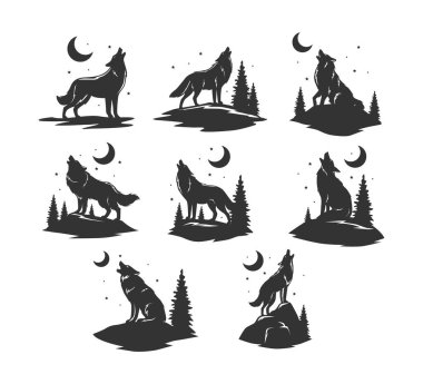 Uluyan bir kurt koleksiyonunun silueti basit manzara ve çam ağaçlarıyla, Kurt ay tutulmasında uluyor, Cadılar Bayramı veya korkunç bir hikaye, beyaz arka planda izole edilmiş, vahşi hayvan.