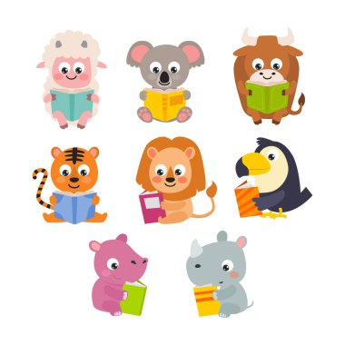 Sevimli bebek hayvan kitap koleksiyonu çizgi film karakterleri açık kitaplar, akıllı koyunlar, koala, bufalo, kaplan, aslan, tukan, gergedan, su aygırı. Çocuklar için eğitici illüstrasyon