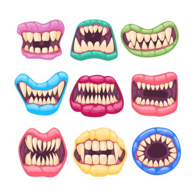 Canavar ağzı koleksiyonu, keskin dişli ve uzun dilli çizgi film canavarı ağzı korku, fantezi, cadılar bayramı dekorasyonu için oyun tasarımı veya poster tasarımı için korkunç çene çizimi.