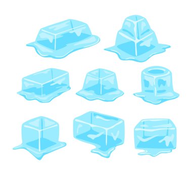 Eriyen buz küpleri koleksiyonu. Su birikintisinde donmuş su eritme küpleri, karikatür izole edilmiş mavi soğuk kristal bloklar berrak sıvı dalgalanmalar, donmuş parça yığını, vektör çizimi.