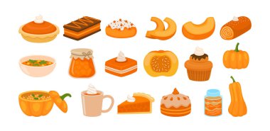 Dilimlenmiş balkabağı koleksiyonu, çorba, kek, turta ve balkabağı kavanozu, sonbahar yemeği, mevsimlik fırın ve meyvelerden yapılan içecekler, beyaz arka planda izole edilmiş, düz vektör çizimi.