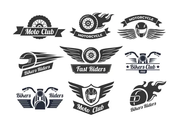 Motosiklet amblemi seti koleksiyonu, motosiklet rozeti logosu, egzoz, tekerlek ve motor seti. Tişört tasarımları, posterler, çıkartmalar veya otomotiv, motosiklet ve turne temalı grafikler için mükemmel..