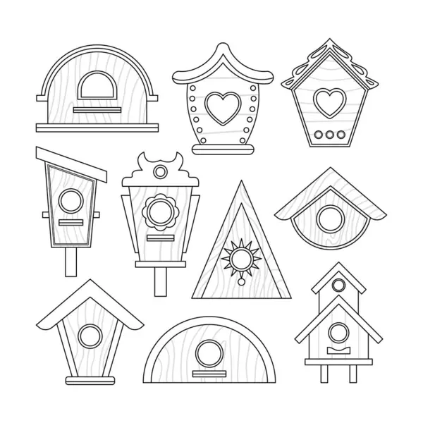 Ahşap ev kuşu taslak koleksiyonu çizgi film tarzında farklı şekiller, Renkli Yetiştiriciler Eğimli Çatılı Farklı Tasarım, Kuş Evleri, Ev veya Yuva, tatlı ev çizimleri.