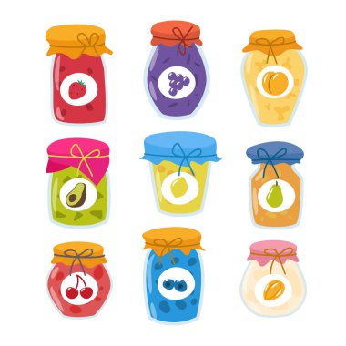Meyve kavanozu koleksiyonu, çizgi film tarzında cam kavanozlarda meyve reçelleri. Ev yapımı reçel, doğal organik ürünler, çilek, çilek, şeftali, avokado, limon, armut, kiraz, mango içerir..