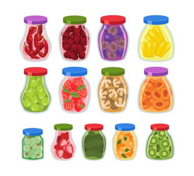 Meyve kavanozu koleksiyonu, kavanozda saklanmış sebze ve meyve turşulu kavanoz, biber, böğürtlen, domates, mantar, şeftali, salatalık, çilek, portakal, kivi. Konserve meyve kavanozu koleksiyonu.