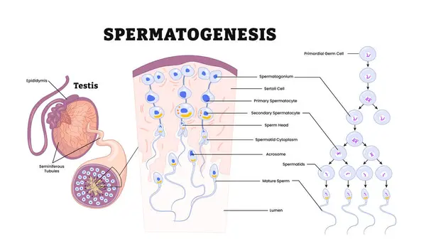 Spermatogenez. Erkek üreme sisteminde sperm üretimi yapıldı. Sperm hücreleri gelişimi ve üretimi. Etiketlenmiş testis, epididimis, semineröz borular. Tıbbi illüstrasyon vektörü