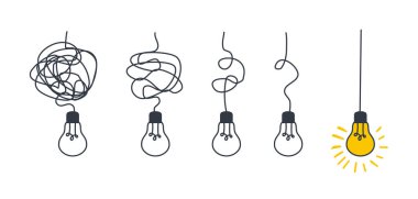 Karmaşık ve parlak ampullü düşüncelerde kaos kavramının çözümü, sorunların çözülmesi, kafa karışıklığının berraklığı, karmaşık, düz ve eğrinin basitleştirilmesi..