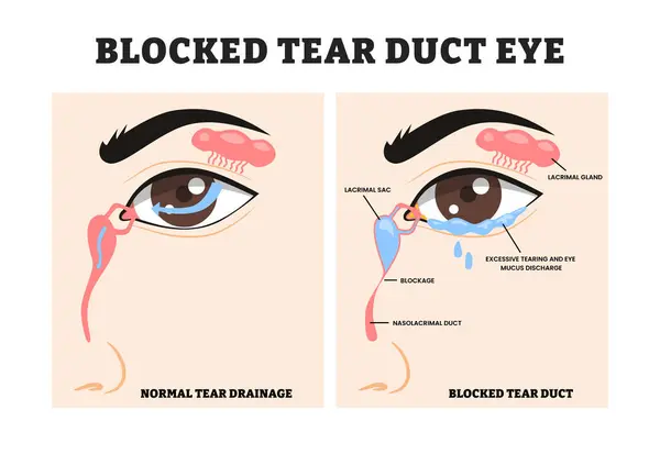 Tıkanmış gözyaşı kanalına karşı normal gözyaşı drenajı, eğitim tıbbi poster tasarımı sağlık sigortası şeması, etiketlenmiş göz anatomisi, lacrimal salgı bezi ve nazolacrimal kanal. Sinüs bebeği kırmızı kuru burun şişliği.