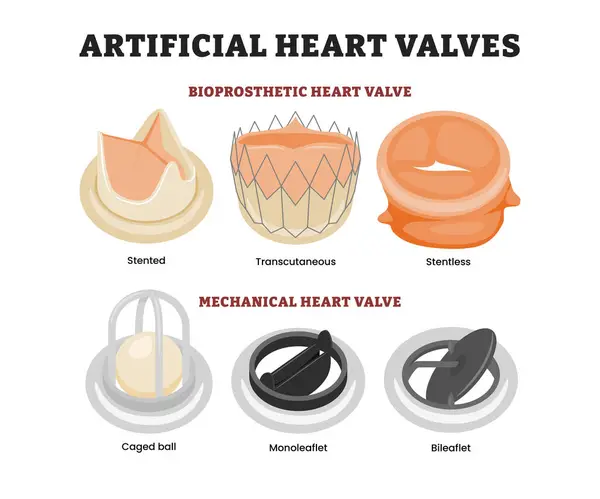 Farklı türde yapay kalp kapakçığı, eğitim amaçlı tıbbi poster tasarımı sağlık hizmetleri, etiketli bioprostetik (stabil, transkütanöz, stentsiz), mekanik (kafes topu, monoleaflet, bileklik).