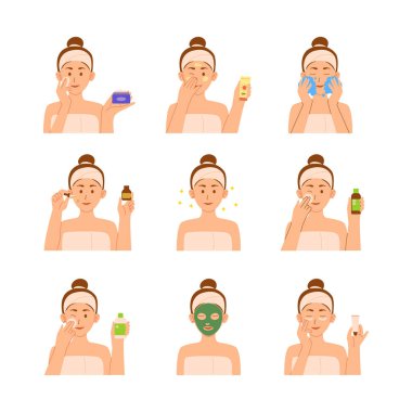 Kadın cilt bakım ürünleri koleksiyonunda yüz serumu, güneş kremi ve toner ile etiketlenmiş. Yüz yıkama, göz kremi, yüz maskesi nemlendirici ve makyaj. Yüz bakımı prosedürü