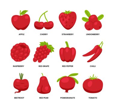 Red Fruits Set Koleksiyonu, Sağlıklı Meyveler Organik Yiyecekler, Etiketli Elma, Pancar, Kiraz, Chili, Lingonberries, Nar, Ahududu, Kırmızı Üzümler, Kırmızı Armut, Kırmızı Biber, Çilek, Domates,