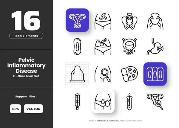 Pelvik İltihaplanma Hastalığı Simgesi Koleksiyon Çizgi Sanat Tarzı. Vajinal boşalma, antibiyotik, bakteriyel enfeksiyon, baş ağrısı, şiddetli kanama, iltihaplı rahim, karın ağrısı..