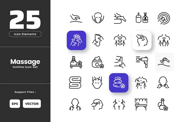 Masaj Simgesi Koleksiyonu - Çizgi Çizgisi Sanat Biçimi. Akupunktur, Akupunktur, Aromaterapi, Masaj, Yüz, Ayak, El, Kafa, Bitkisel, Sıcak Taş, Kızılötesi, Yatak, Krem, Silah, Yağ, Boyun.