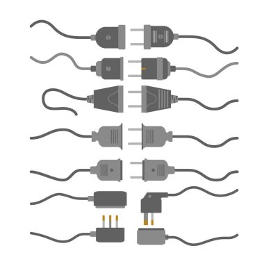 Kablosuz Güç Kordonu Koleksiyonu, Güç Bağlantısı Sorunları: Kablosuz Kablolar, Kayıp Elektrik ve Ağ Hataları. 404 Hata Kavramı, Elektrik Kablosu. Vektör İllüstrasyonu