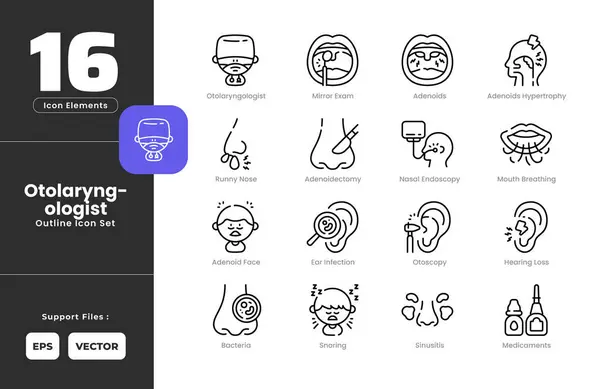 Adenoiditis Semptomları Simge Koleksiyonu - Taslak Çizgi Sanat Biçimi. Adenoid Yüz, Adenoidektomi, Adenoitler Hipertrofi, Adenoidler, Bakteriler, Kulak Enfeksiyonu, İşitme Kaybı, Medicamentler, Ayna Sınavı.