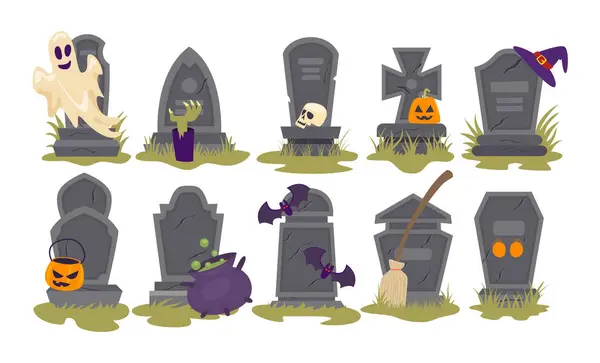 Cadılar bayramı sopası, balkabağı, hayalet, şapka, süpürge mezar taşı seti olan farklı türde boş mezar taşı koleksiyonu. Eski mezar. Antik RIP, mezarlık veya mezar, ölü cenaze konsepti çizimi.