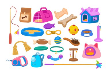 Çeşitli hayvan derlemeleri, hayvan aksesuarları evcil hayvanlar için malzeme depoluyor: kediler, köpekler, kemirgenler. Evcil hayvan dükkânı ya da dükkan konsepti, evcil hayvan. Vektör illüstrasyonu