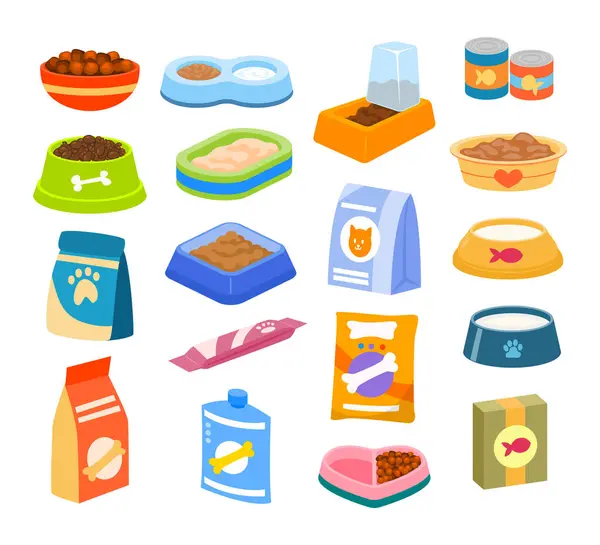 Çeşitli hayvan maması koleksiyonu, kuru ve ıslak köpek ve kedi maması paketleri. Köpek ve kedi için bir kase süt ve su. Evcil hayvan dükkanı ya da mağaza konsepti, evcil hayvan, bakım konsepti çizimi