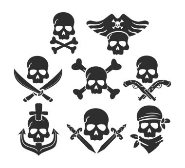 Jolly Roger Korsan Sembol Simgesi Koleksiyonu set kurukafa ve kemikler ya da çapraz kemikler Çapalar, Kılıçlar, Silahlar, Bandana korsan bayrağı, ölüm meleği karikatürü, Kara Siluet Amblemi.