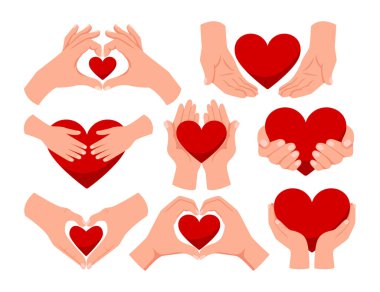 El ele tutuşan gönüller jest seti koleksiyonu, Love, Care, Support, Charity, Merhamet, bağış, yardım konsepti, El Verme kırmızı kalp. Düz vektör illüstrasyonu