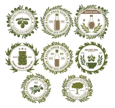 Zeytin Yağı Etiketi Koleksiyonu, Zeytin Şubesi Rozeti ya da Düz ve Yeşil Renk Bileşimli Ekstra Bakire Zeytinyağı Paketi. Vektör İllüstrasyonu