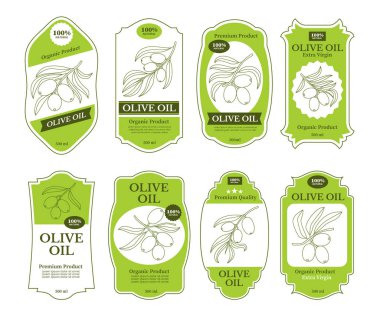 Zeytin Yağı Etiketi Koleksiyonu, Zeytin Şubesi Rozeti ya da Taslak Ürün Şişesi Amblemi ve Ekstra Bakire Zeytinyağı Paketi ile Yeşil Renk Kompozisyonu. Vektör İllüstrasyonu