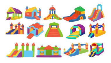 Renkli şato seti koleksiyonu, slaytlı şişirilmiş trambolin çizimleri, atlamak için oyun alanı ya da park ekipmanları, çocuklar için eğlence merkezi..