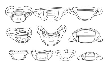 Bel çantası taslak koleksiyonu, el çantası çeşitli cepler ve aksesuarlar, kemer tokalı moda naylon çanta, yaz aksesuarı, bel çantası, fermuarlı çanta. Çizgi sanat okulu naylon kemer çantası..