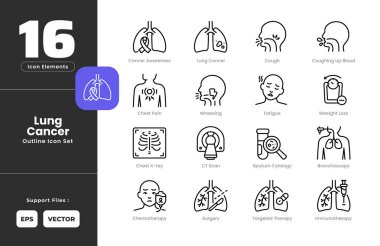 Akciğer Kanseri Semptomları Simgesi Koleksiyon Çizgi Çizgisi Sanat Tarzı. Öksürük, öksürük, kan, göğüs ağrısı, hırıltı, yorgunluk, kilo kaybı, göğüs röntgeni, tomografi, tükürük sitolojisi, bronkoskopi..