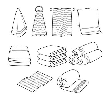 Banyo havluları mutfak için karalama seti koleksiyonu, çizgi film çizimi yumuşak ve pofuduk, pamuk towl plajı, yığın katlanmış havlu banyo hijyeni, banyo tekstili, vektör.