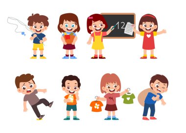 Çeşitli aktiviteleri olan küçük çocuk çizgi film karakterleri, duş alan küçük çocuklar, halterleri kaldıran, gitar çalan, kağıt uçak, yel değirmeni, battaniye, hasta, pamuk helva yiyen, uçan kalem yiyen