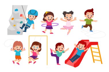 Bir grup şirin çocuk oyun parkı çizgi film karakterlerinde kaya tırmanışı, seksek, kayma, bale, hula hoop, salıncak, ip atlama, esneme egzersizleri....