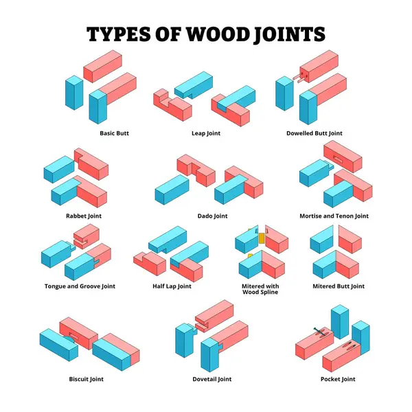 Different types of wood joint construction types technical poster. Carpentry assemble woodwork material. Labeled basic, leap, doweled butt, rabbet, dado, mortise, tenon, tongue,biscuit,half lap,pocket