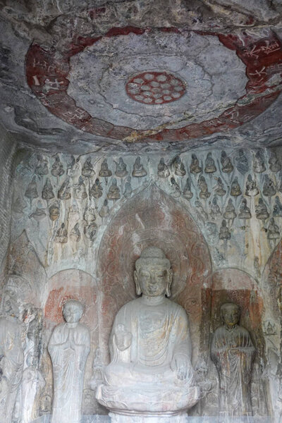 Buddha Seated Beneath a Painted Lotus Ceiling Medallion