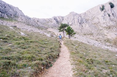 Dağların üzerinde yürüyen sopalı bir yürüyüşçü..
