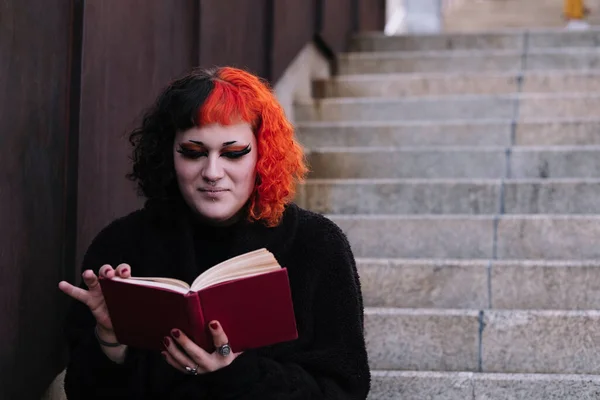 Transgender Girl Reading Book Stairs — Stock Photo, Image