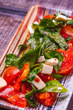 Domates salatası, taze peynir ve ıspanak sosu.