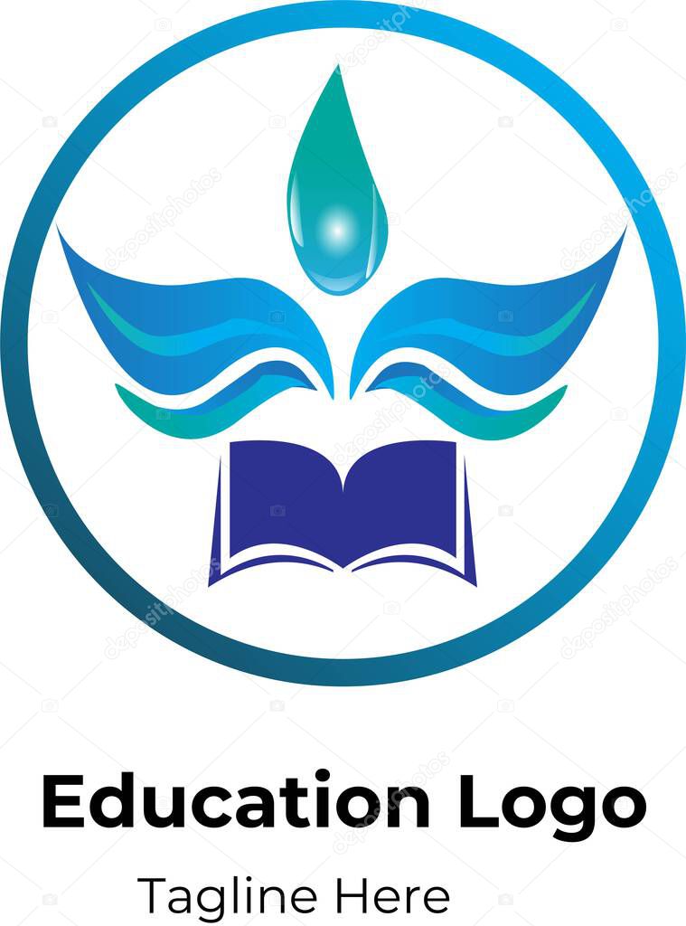 PrintModern education logo featuring an open book with abstract blue and green wing shapes and a central water droplet symbolizing knowledge, growth, and purity.