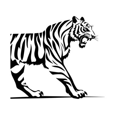 Kükreyen kaplan siyah mürekkep silueti beyaz arka planda yakın plan