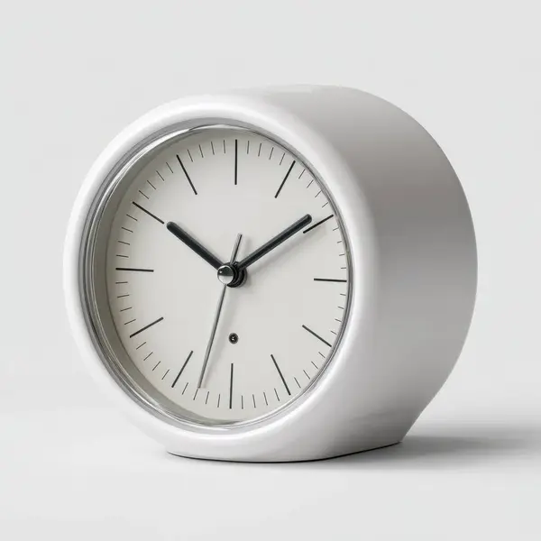 Temiz beyaz arka planda siyah elleri olan modern minimalist beyaz alarm saati.