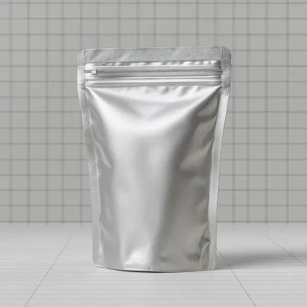 Boş gümüş folyo şebeke arka planında fermuar kapaklı çanta ayağa kalkın