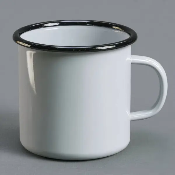 Siyah kenarlı, desenli gri bir arka planda izole edilmiş klasik beyaz diş minesi kupası.