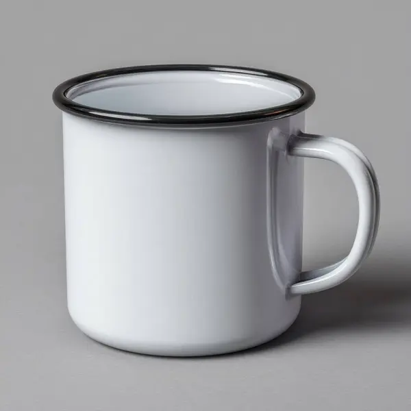 Siyah kenarlı ve sade gri arka planda duran klasik beyaz diş minesi kupası.