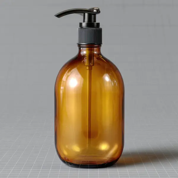 Kehribar cam pompa şişesi, arka planda siyah şeker kafası var.