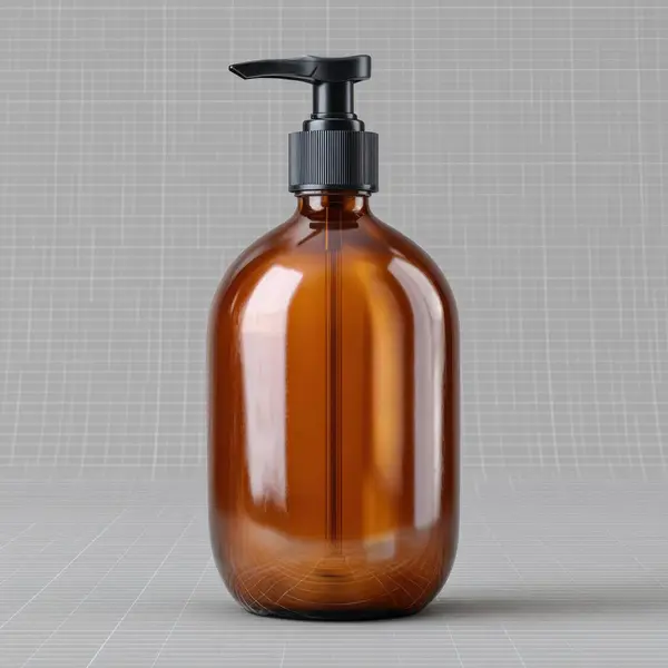 Kehribar cam pompa şişesi ve şebeke arka plan ürün fotoğrafçılığı üzerinde siyah dağıtıcı