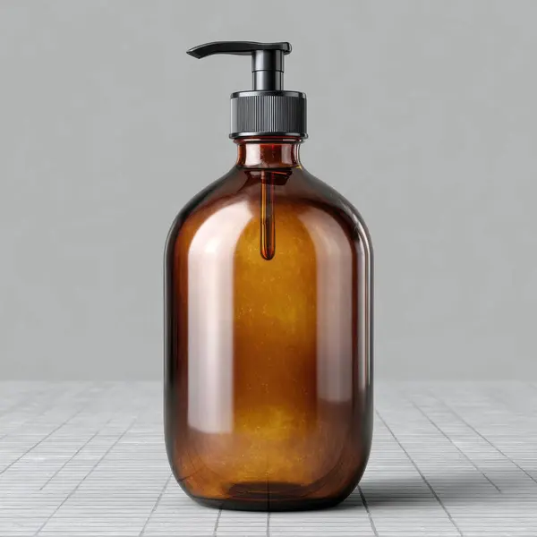 Kehribar cam pompa şişesi ve siyah şeker kutusu fayanslı temiz ürün fotoğrafçılığı.